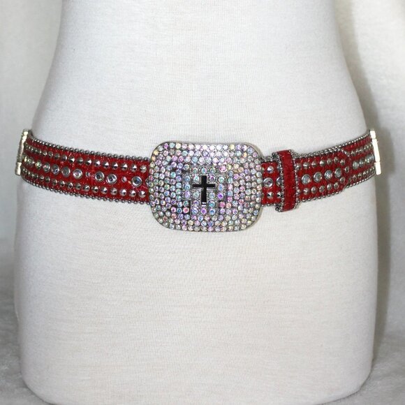 Western Red Bling Cross Belt & Buckle Aurora Borealis AB Crystal Accent ML - Picture 6 of 10